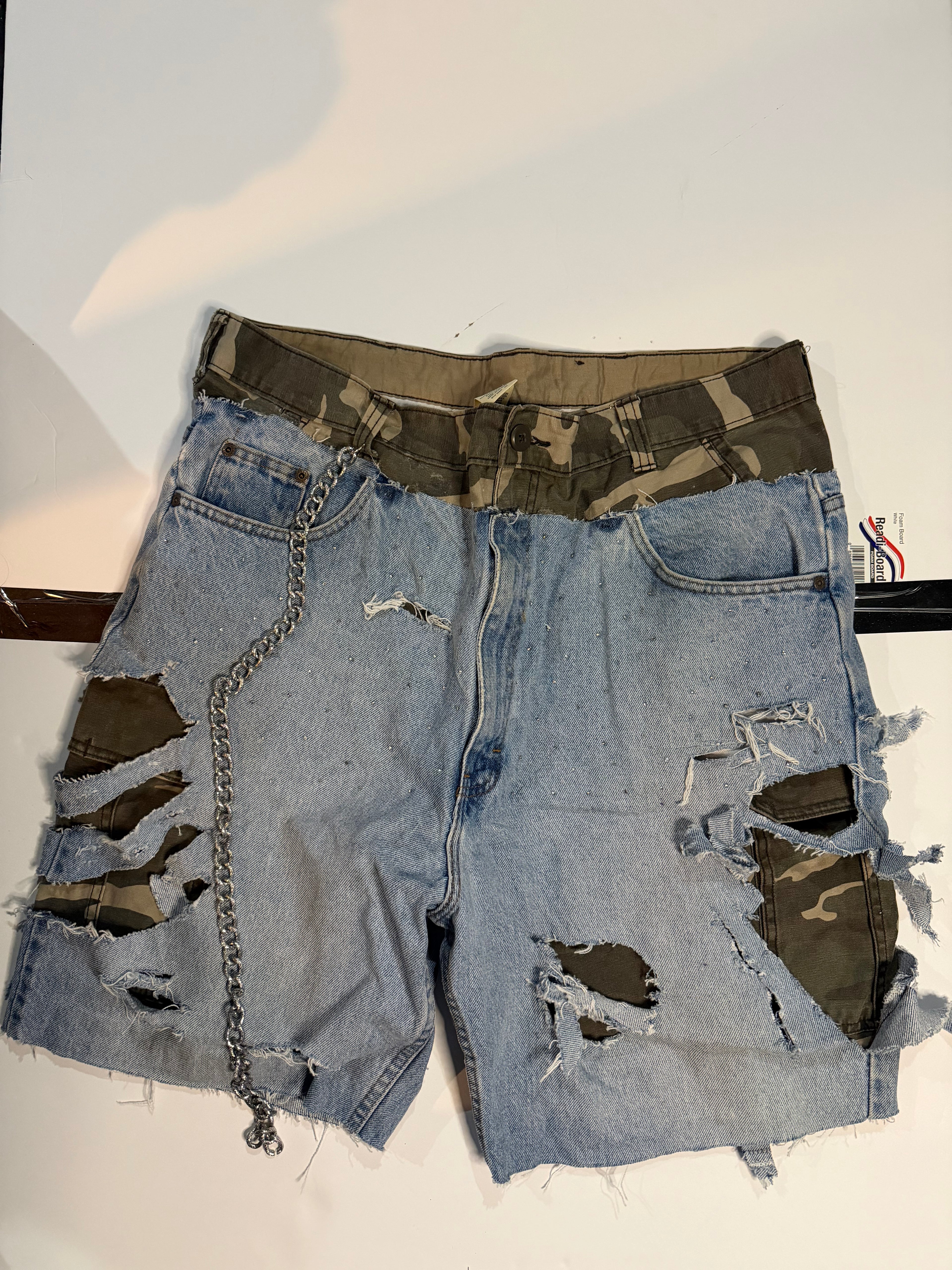 Custom camo denim shorts